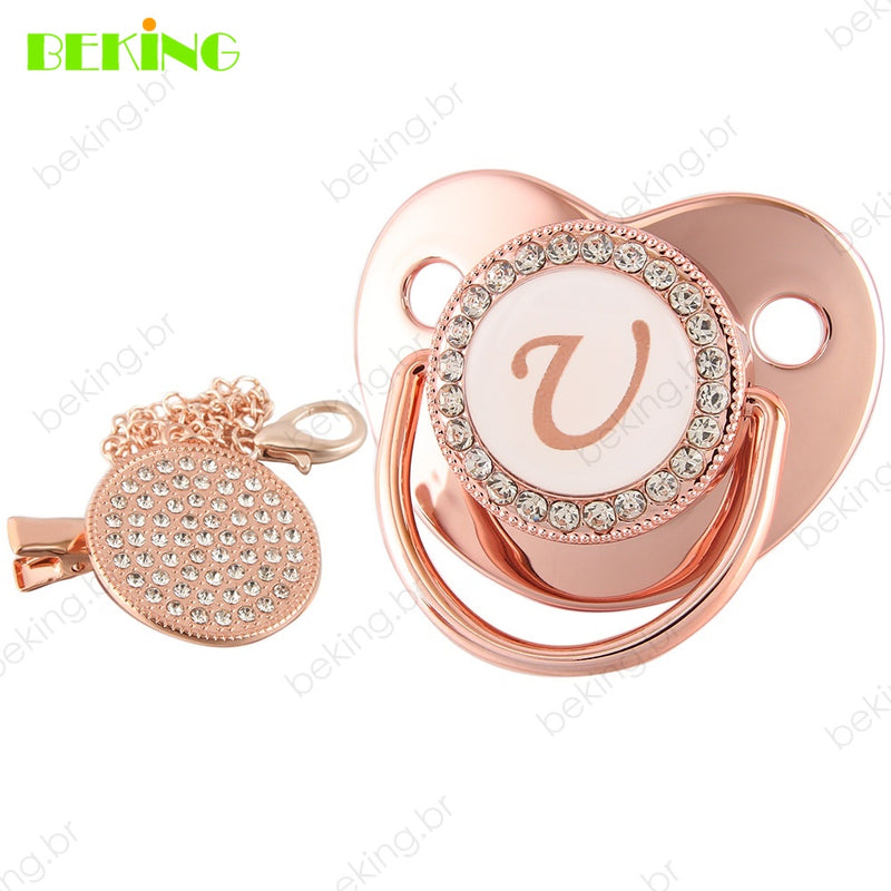 26 Letras Chupeta Luxo Personalizada Rosa/Ouro