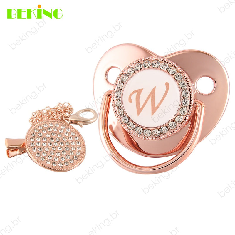26 Letras Chupeta Luxo Personalizada Rosa/Ouro
